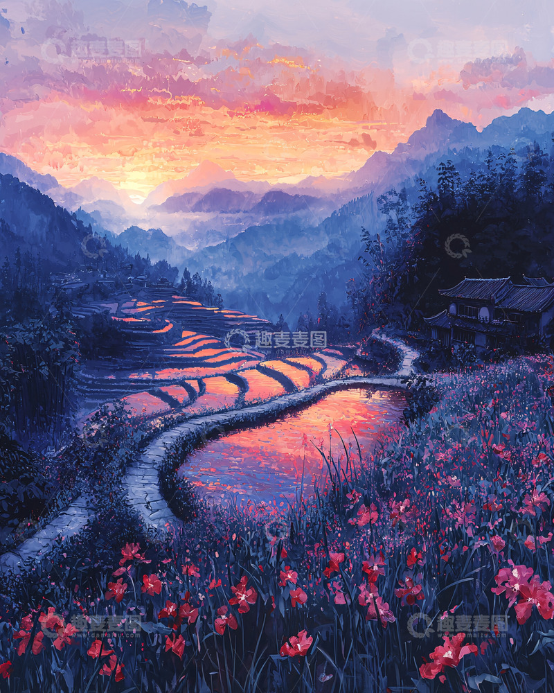 高清大图下载【趣麦麦图】绚丽日落下的梯田美景