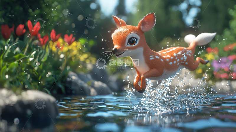 高清大图下载【趣麦麦图】小鹿跳跃溪流