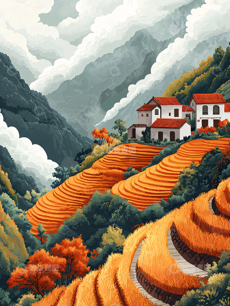 高清大图下载【趣麦麦图】山间梯田村庄景色