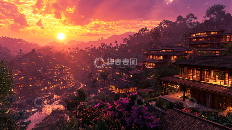 高清大图下载【趣麦麦图】山间小镇日落美景