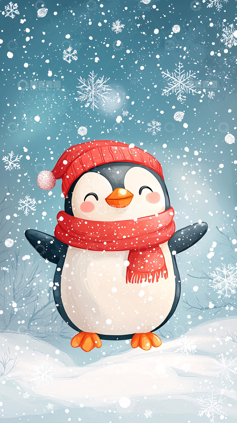 高清大图下载【趣麦麦图】戴红帽围巾的企鹅