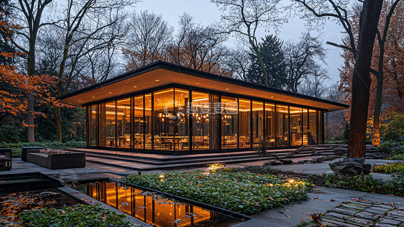 高清大图下载【趣麦麦图】夜晚森林玻璃房