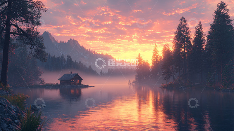 高清大图下载【趣麦麦图】湖边小屋的日出美景