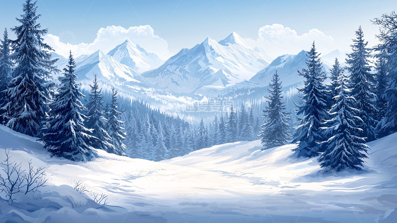 高清大图下载【趣麦麦图】雪山森林风景画