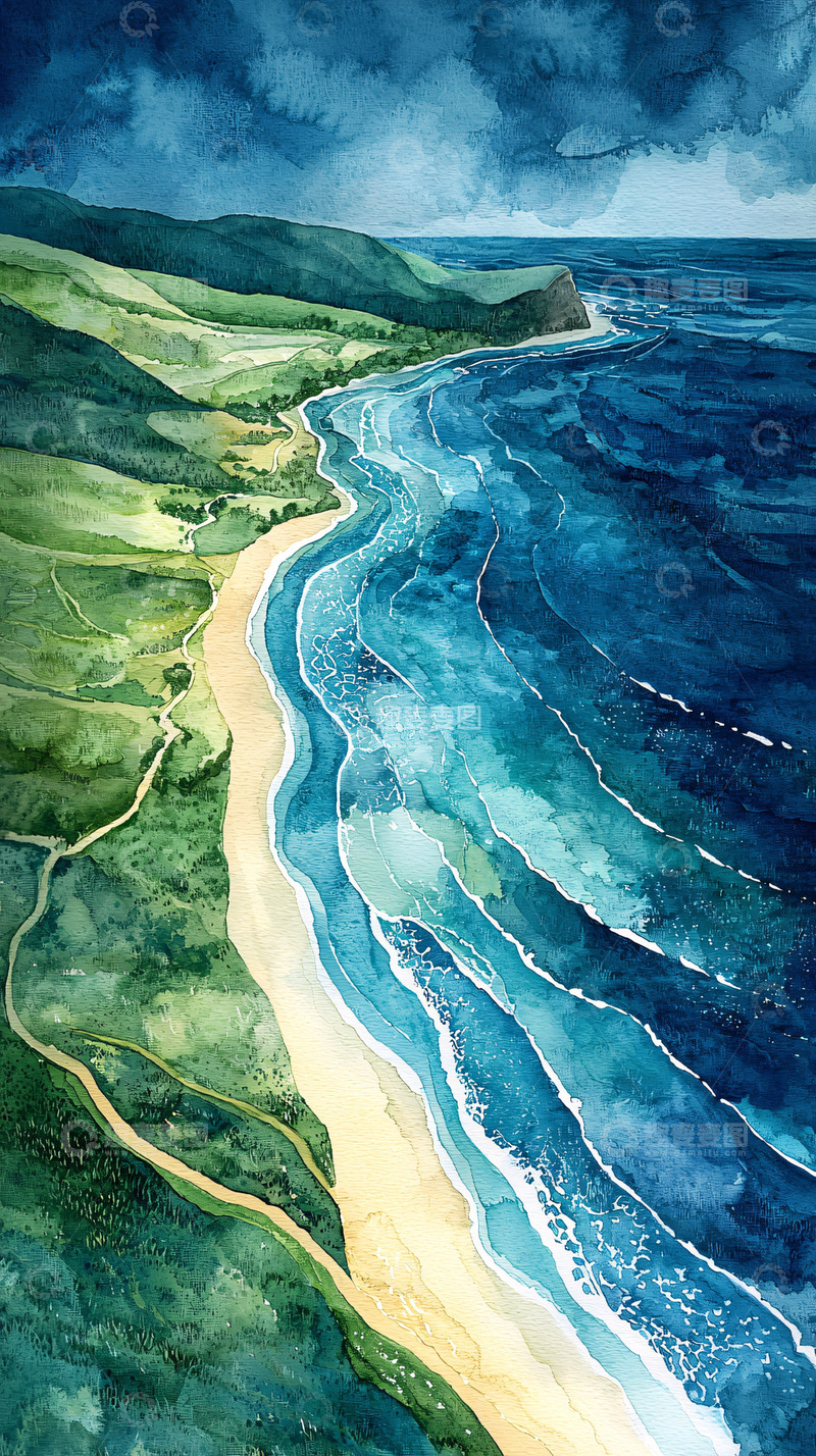 高清大图下载【趣麦麦图】海边山景水彩画