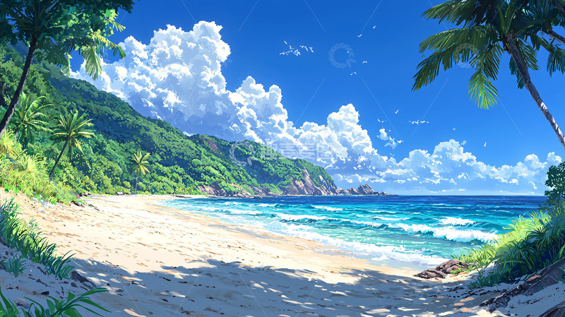高清大图下载【趣麦麦图】海滩椰树白云的风景画
