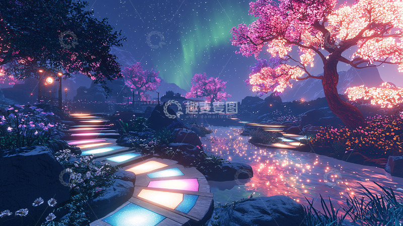 高清大图下载【趣麦麦图】梦幻唯美极光樱花仙境
