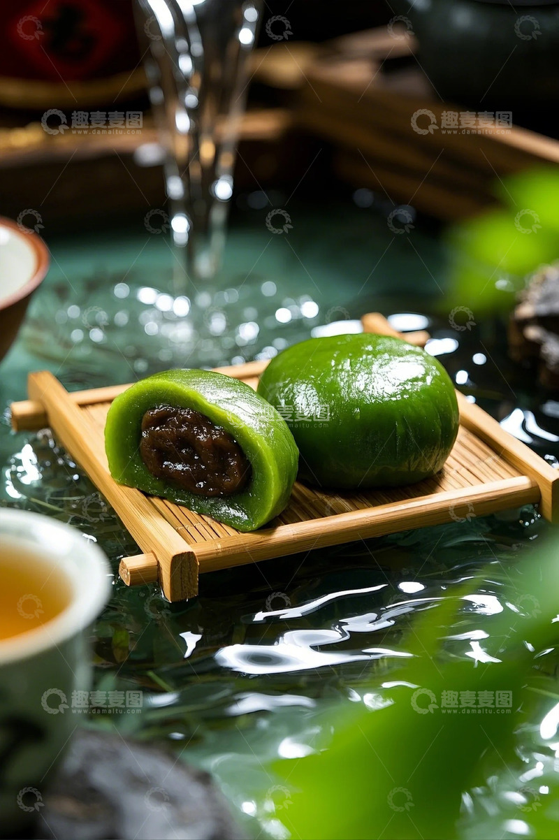 高清大图下载【趣麦麦图】流水竹制摆盘光滑圆润的青团2