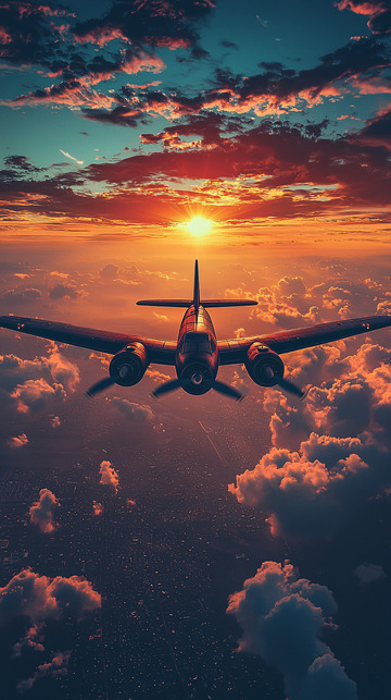 夕阳下飞机穿越云层