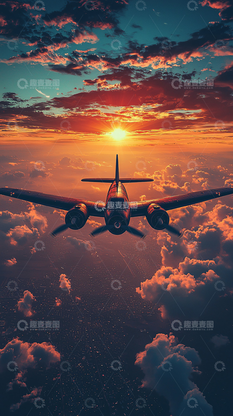 高清大图下载【趣麦麦图】-夕阳下飞机穿越云层