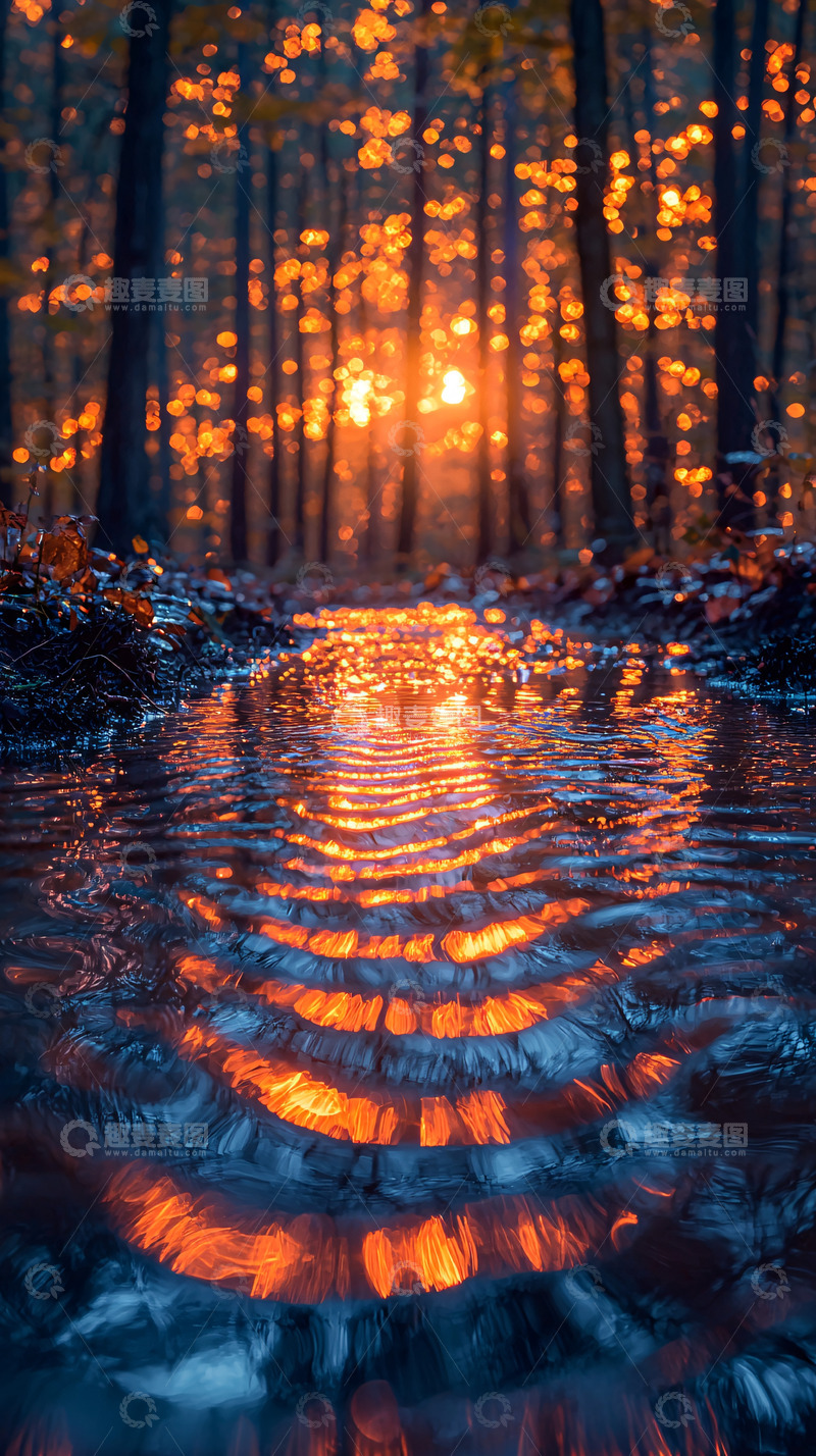 高清大图下载【趣麦麦图】秋日森林水面倒影夕阳