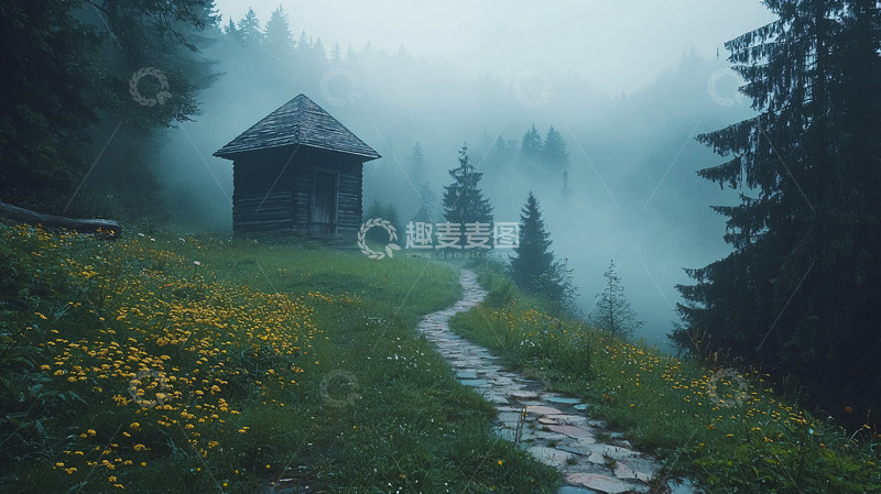 高清大图下载【趣麦麦图】雾气森林小屋