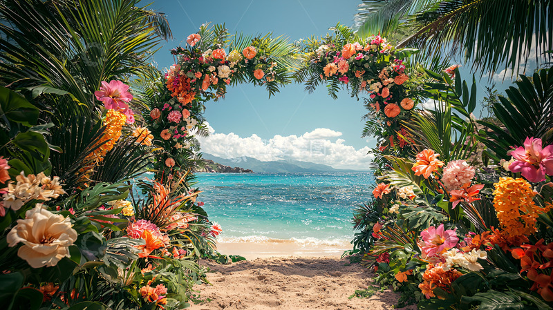 高清大图下载【趣麦麦图】鲜花拱门下的海景