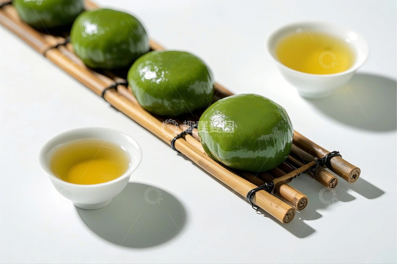 高清大图下载【趣麦麦图】白色背景竹制摆盘光滑圆润的青团