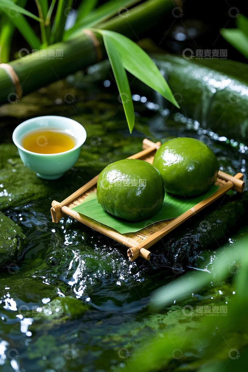 高清大图下载【趣麦麦图】流水竹制摆盘光滑圆润的青团