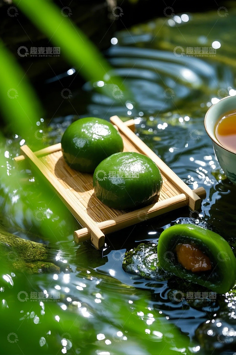 高清大图下载【趣麦麦图】流水竹制摆盘光滑圆润的青团1