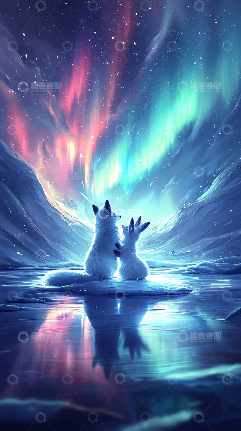 高清大图下载【趣麦麦图】极光下的小狐狸和小兔子