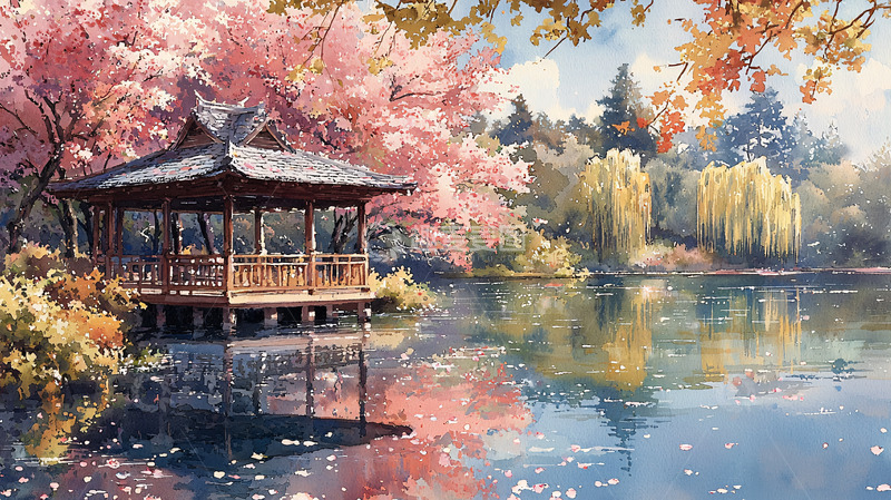 高清大图下载【趣麦麦图】水边亭台楼阁樱花盛开