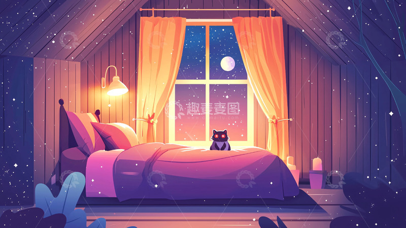 高清大图下载【趣麦麦图】阁楼卧室夜景