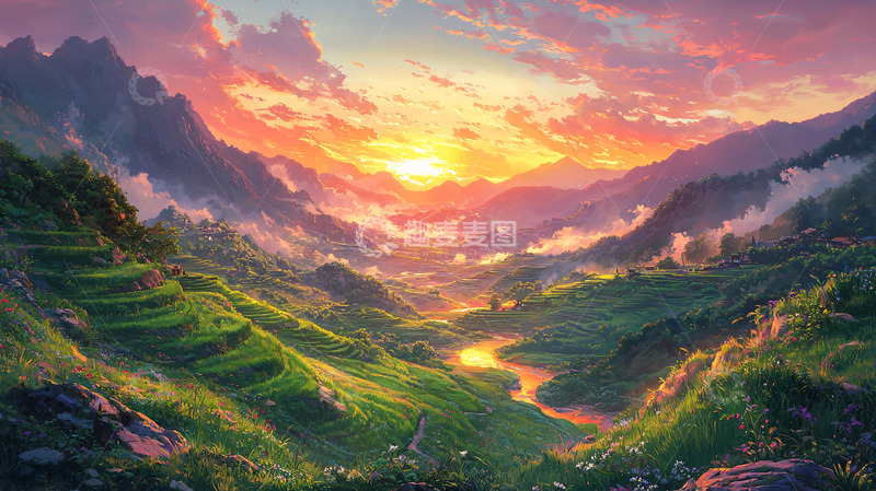 高清大图下载【趣麦麦图】日出山谷梯田美景