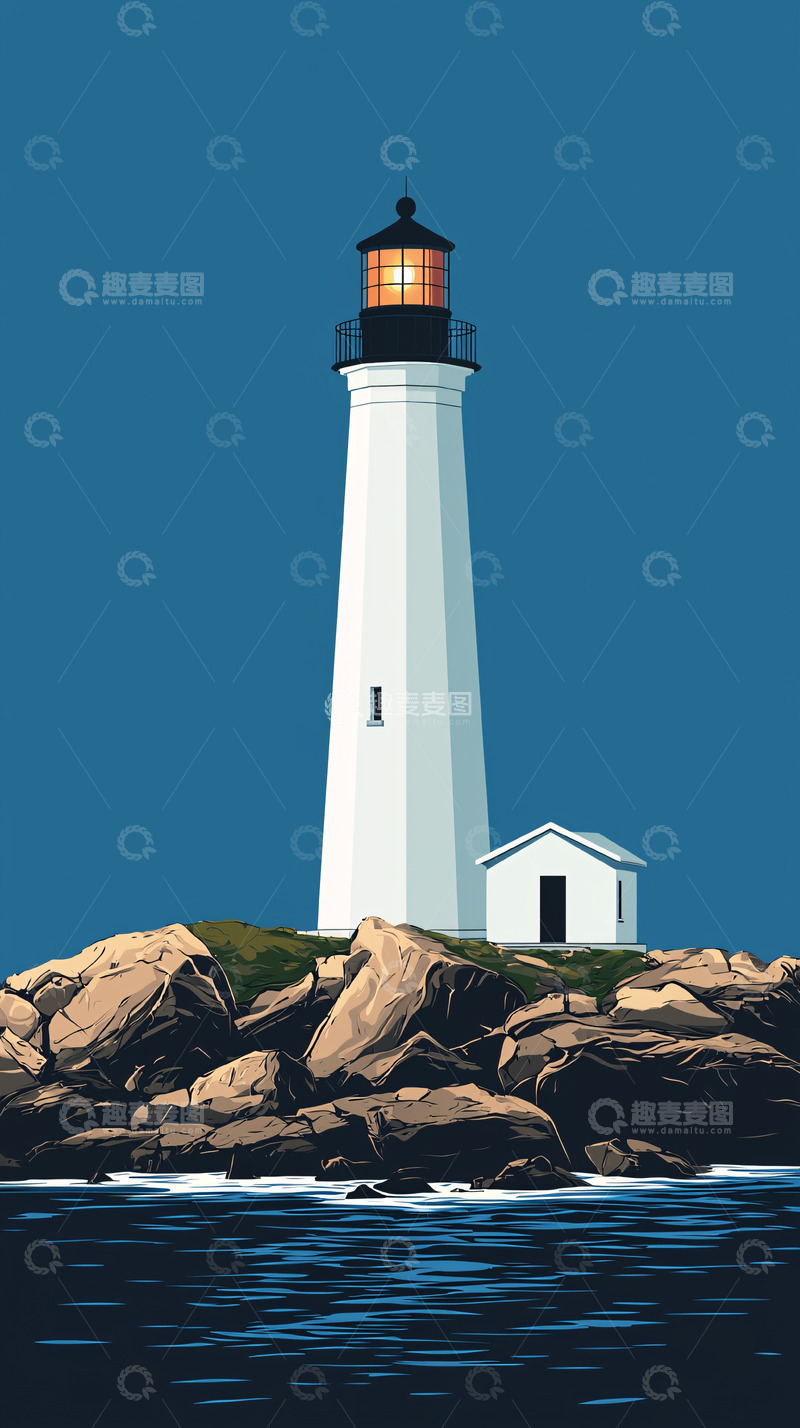 高清大图下载【趣麦麦图】海边灯塔简洁绘画风格