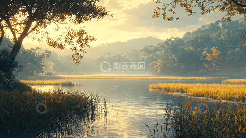 高清大图下载【趣麦麦图】宁静湖畔的金色光辉