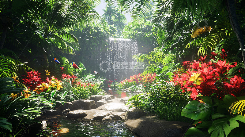高清大图下载【趣麦麦图】热带雨林瀑布溪流景观