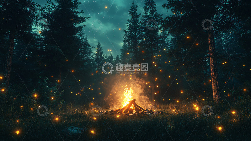 高清大图下载【趣麦麦图】夜空篝火萤火虫森林
