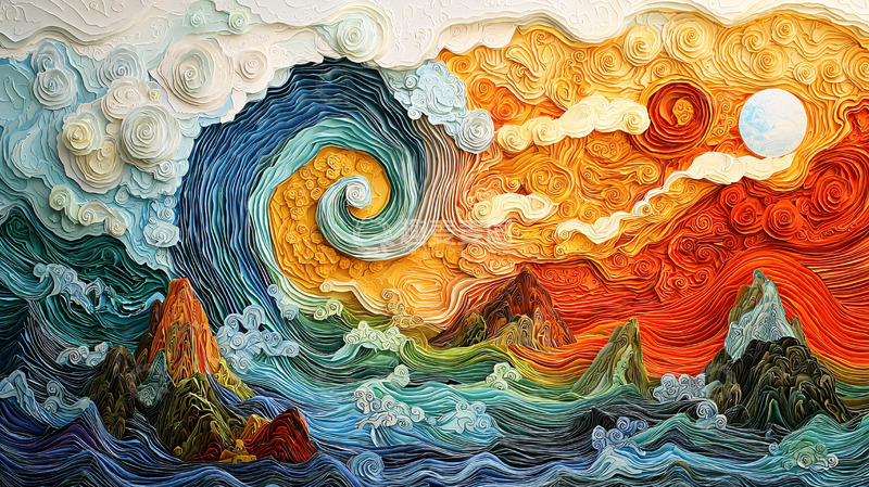 高清大图下载【趣麦麦图】波涛汹涌的彩色风景画