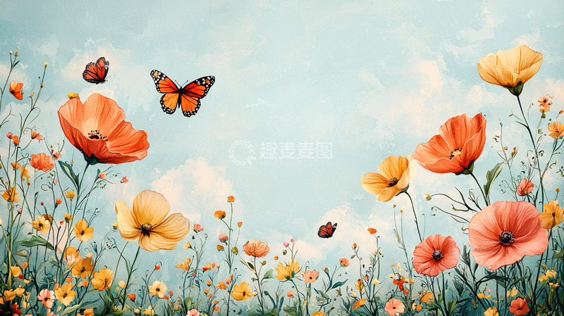 高清大图下载【趣麦麦图】蓝天白云下盛开的虞美人花田