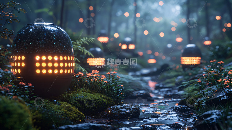 高清大图下载【趣麦麦图】幽静森林小路灯笼