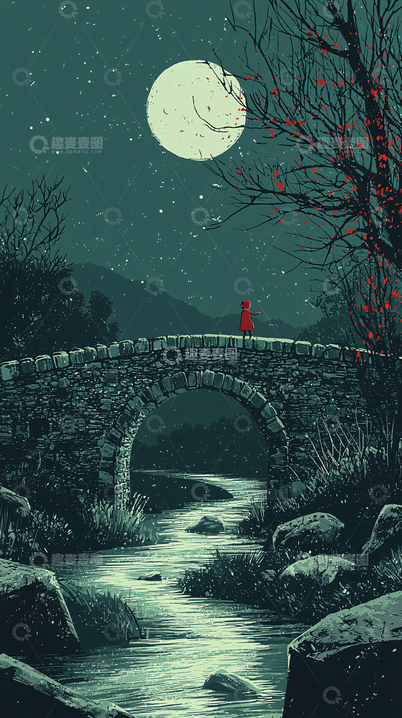 高清大图下载【趣麦麦图】红衣女孩桥上看月亮
