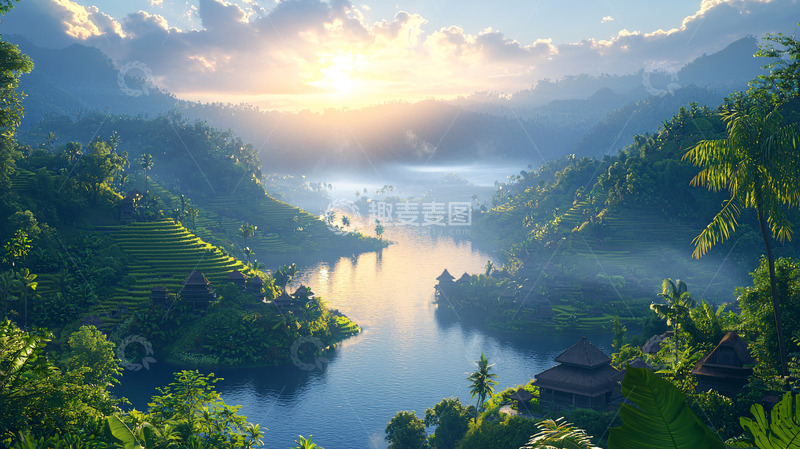 高清大图下载【趣麦麦图】日出山谷河流景色