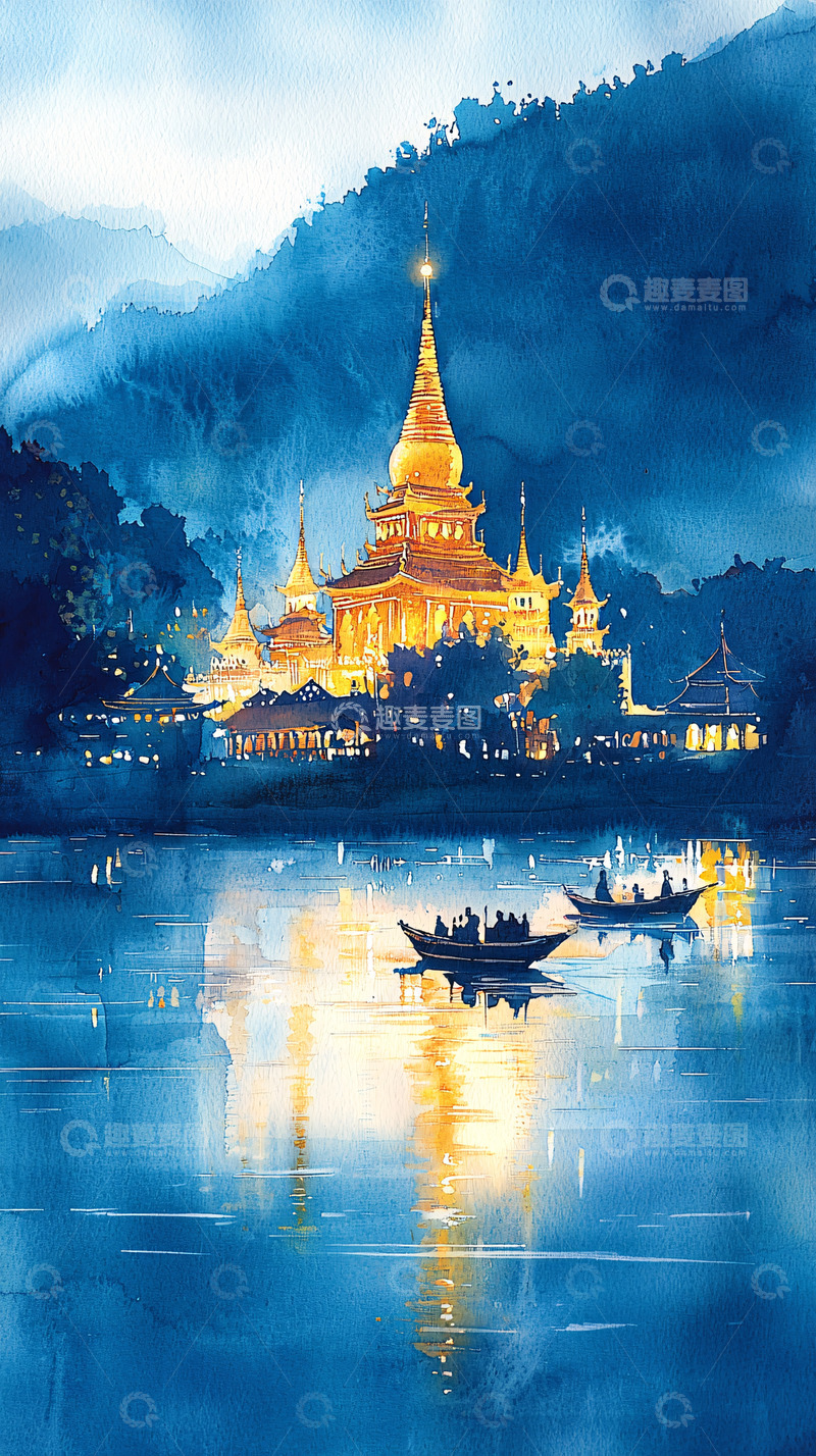 高清大图下载【趣麦麦图】金色佛塔水面倒影