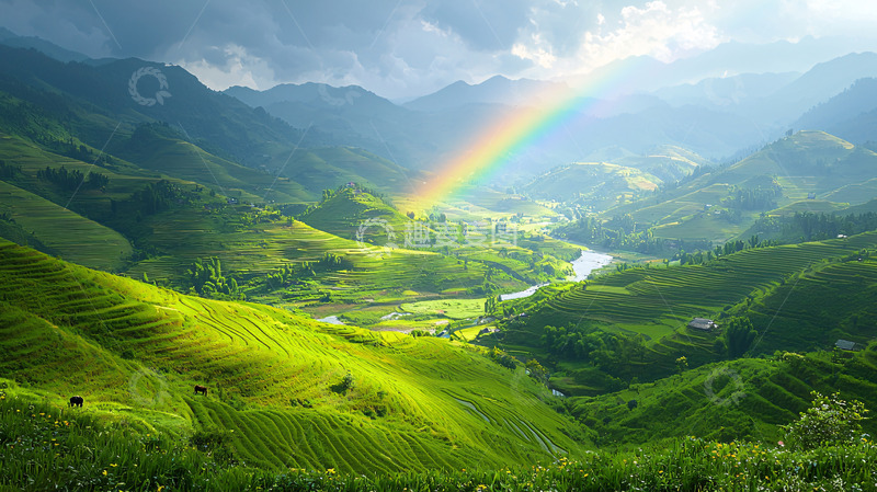 高清大图下载【趣麦麦图】彩虹山峦田园风光