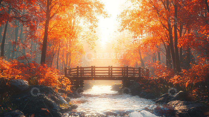 高清大图下载【趣麦麦图】秋日森林小桥流水