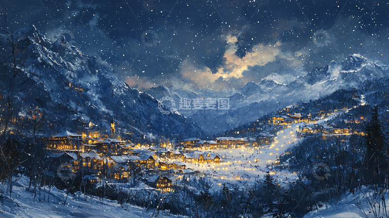 高清大图下载【趣麦麦图】雪夜山村