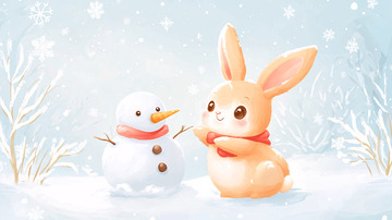 可爱兔子与雪人冬日场景