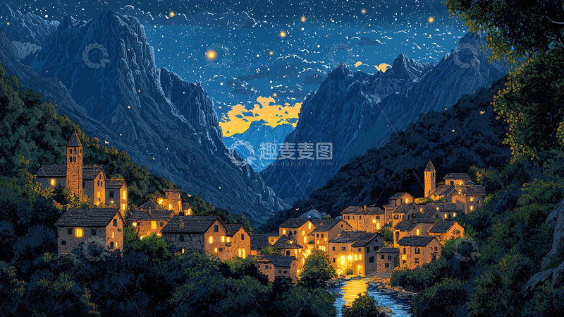 高清大图下载【趣麦麦图】星空下的山谷小镇