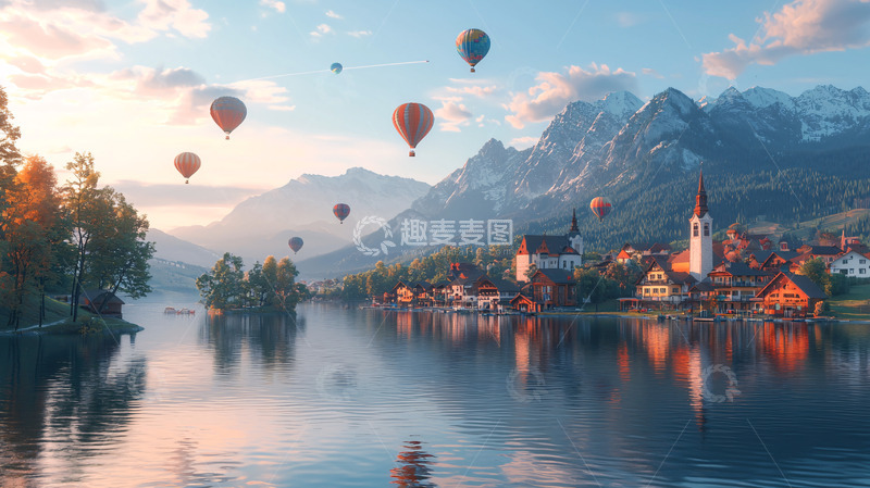 高清大图下载【趣麦麦图】清晨热气球山峦湖景小镇