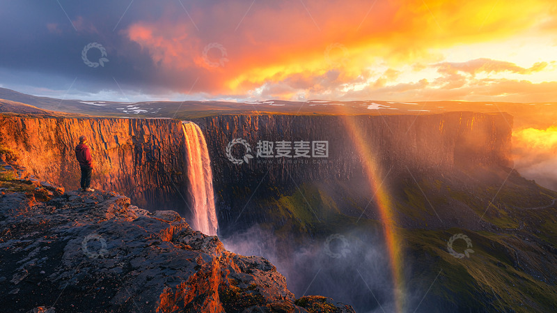 高清大图下载【趣麦麦图】壮丽瀑布彩虹日落