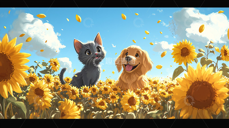 高清大图下载【趣麦麦图】小猫小狗向日葵田园风光