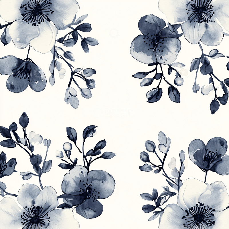 高清大图下载【趣麦麦图】水墨蓝花卉图案