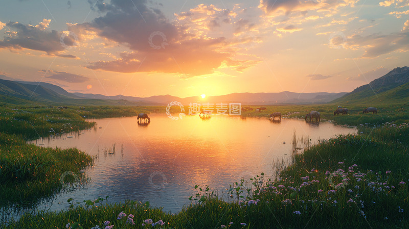 高清大图下载【趣麦麦图】日落湖泊草原景色
