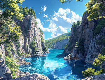 峡谷碧水蓝天风景画