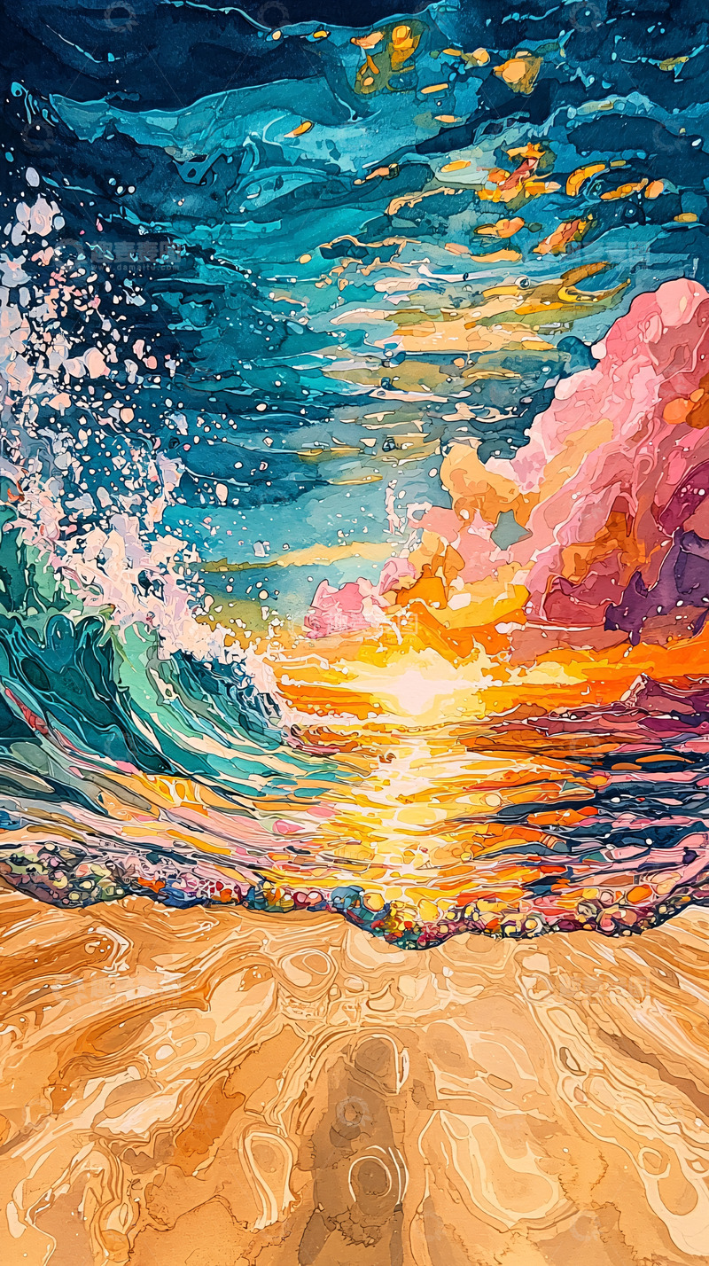 高清大图下载【趣麦麦图】水彩日落海景艺术
