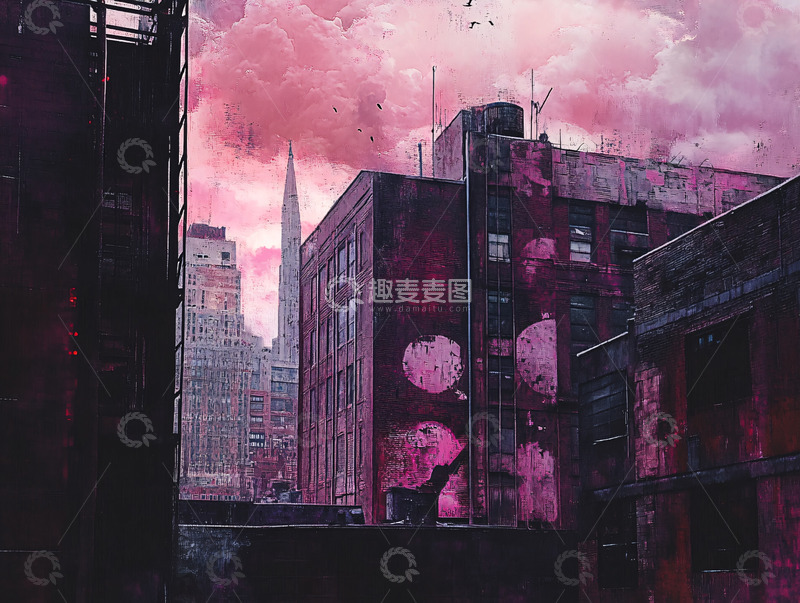高清大图下载【趣麦麦图】粉色天空下的城市建筑