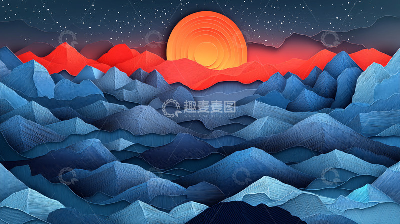 高清大图下载【趣麦麦图】剪纸风格山脉日落