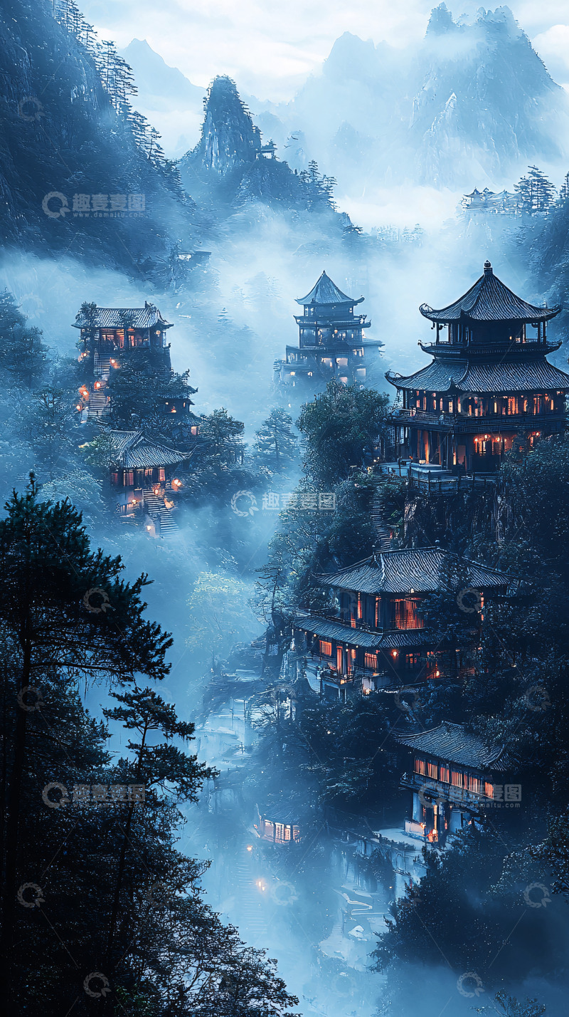 高清大图下载【趣麦麦图】仙境般山峦建筑群