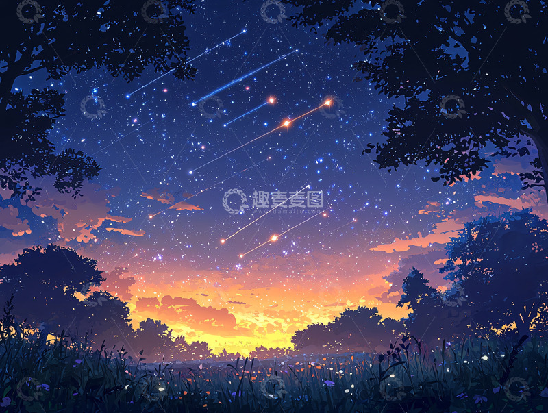 高清大图下载【趣麦麦图】星空树林流星雨